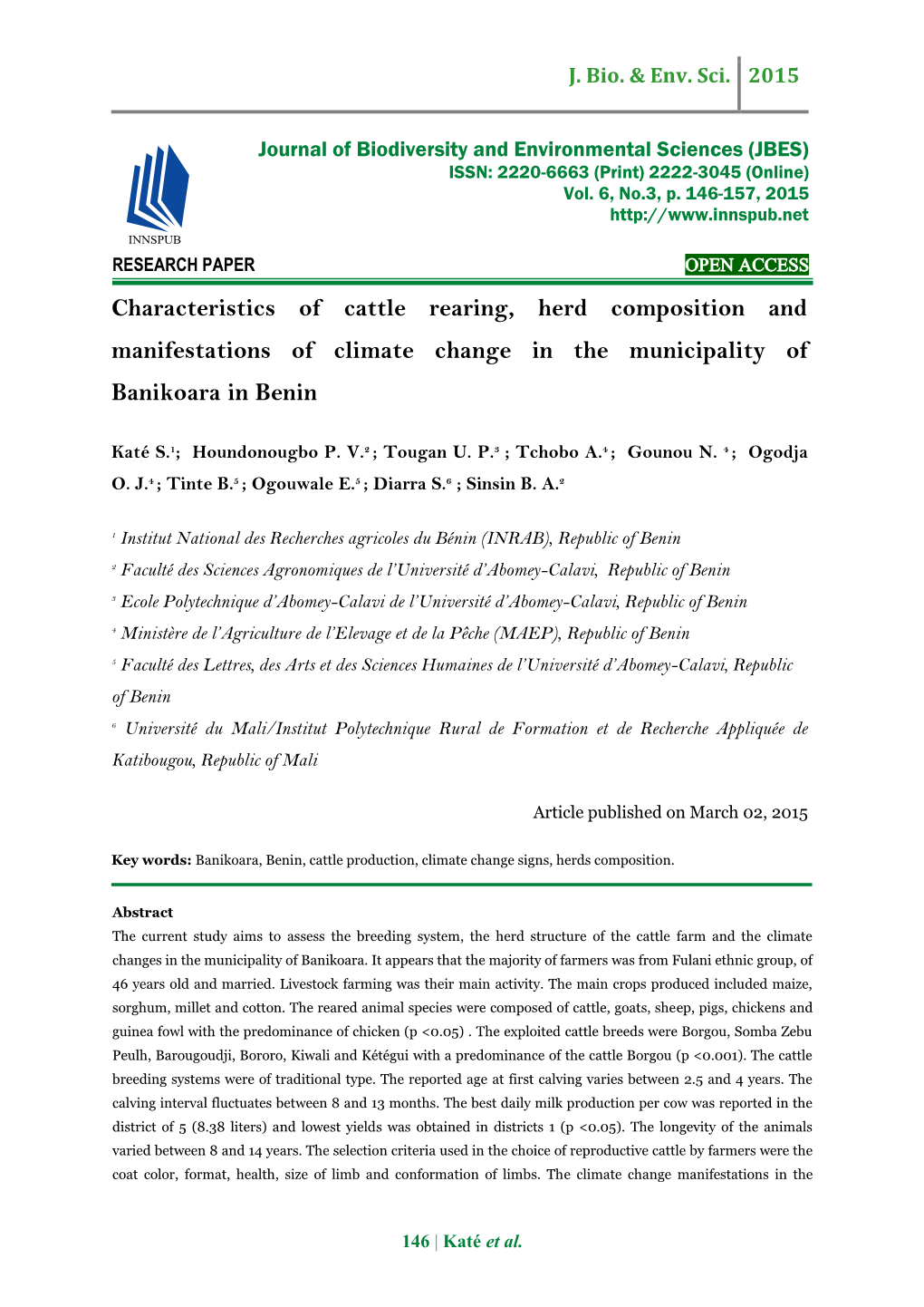 Characteristics of Cattle Rearing, Herd Composition and Manifestations of Climate Change in the Municipality of Banikoara in Benin