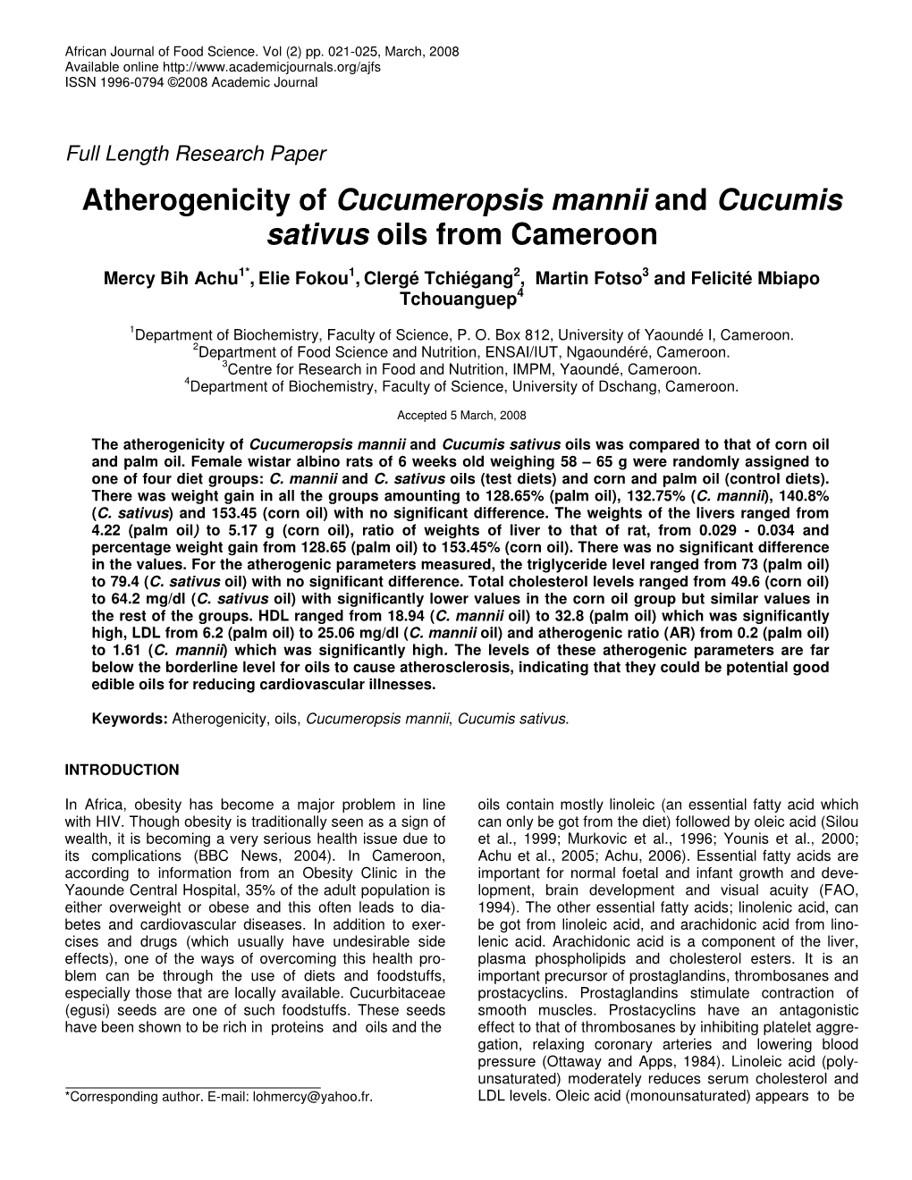 Atherogenicity of Cucumeropsis Mannii and Cucumis Sativus Oils from Cameroon