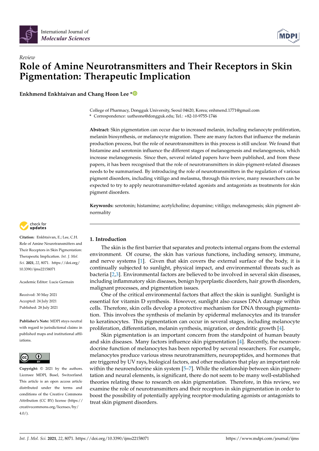 Role of Amine Neurotransmitters and Their Receptors in Skin Pigmentation: Therapeutic Implication