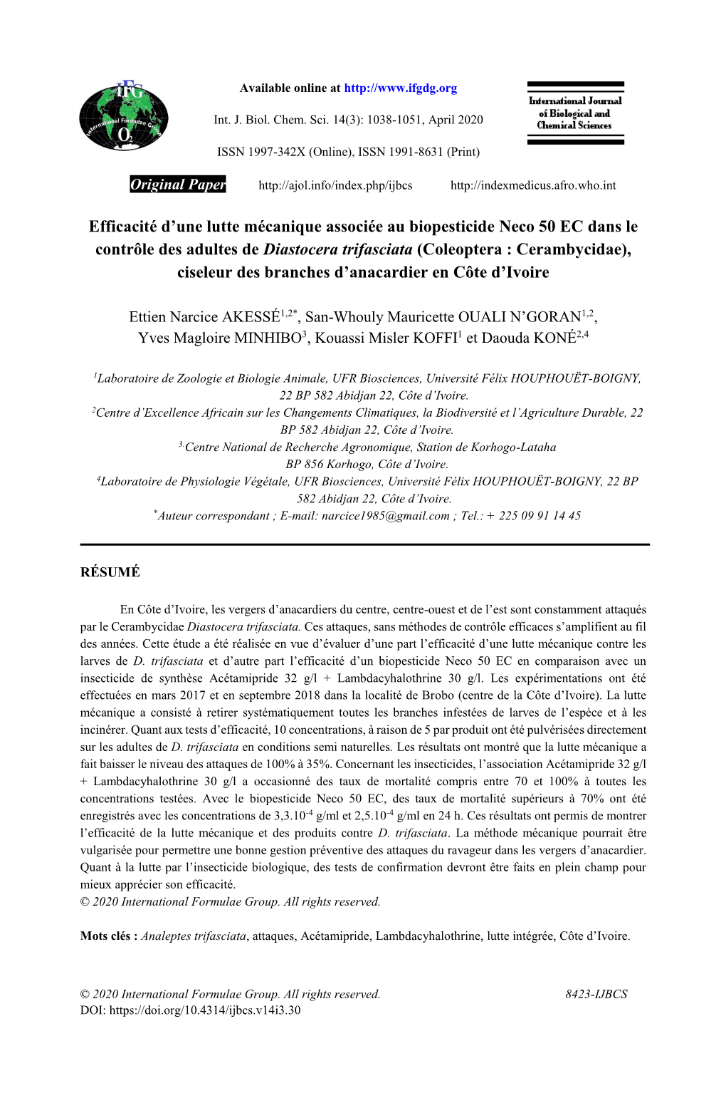 Efficacité D'une Lutte Mécanique Associée Au Biopesticide Neco 50 EC Dans Le Contrôle Des Adultes De Diastocera Trifasciat