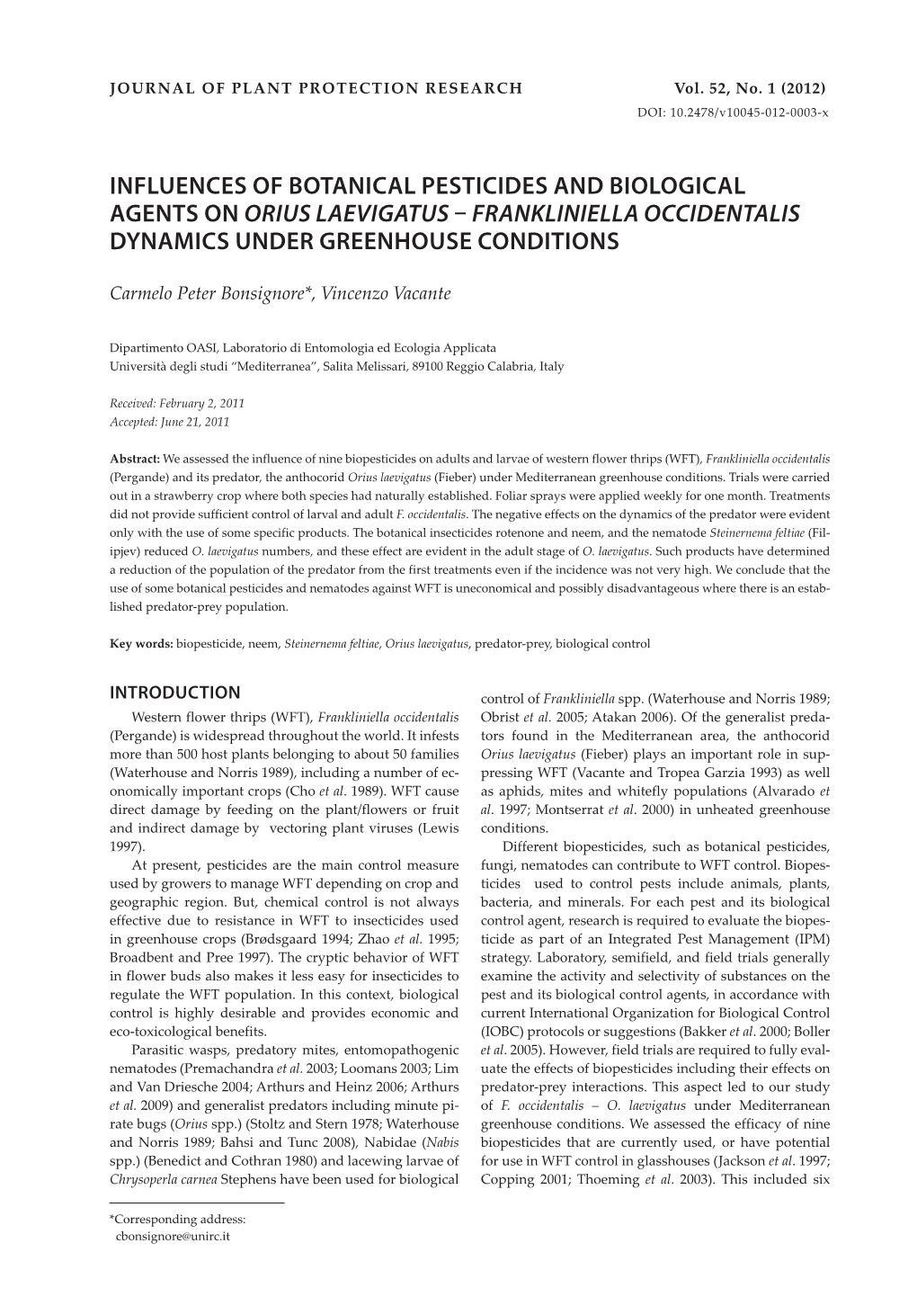 Influences of Botanical Pesticides and Biological Agents on Orius Laevigatus – Frankliniella Occidentalis Dynamics Under Greenhouse Conditions
