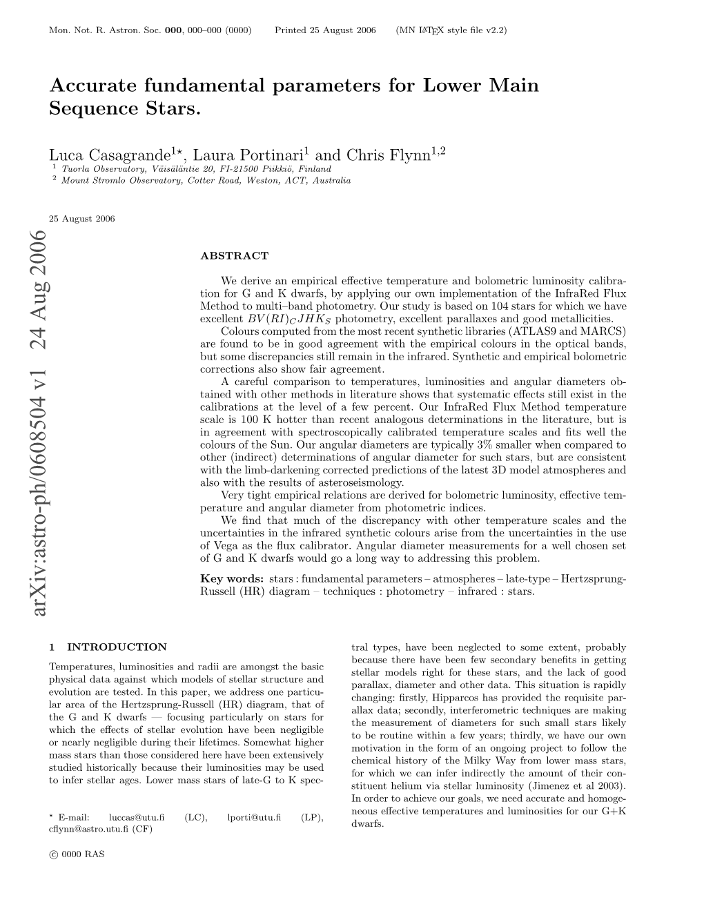 Arxiv:Astro-Ph/0608504 V1 24 Aug 2006 Casagrande Luca Main Stars