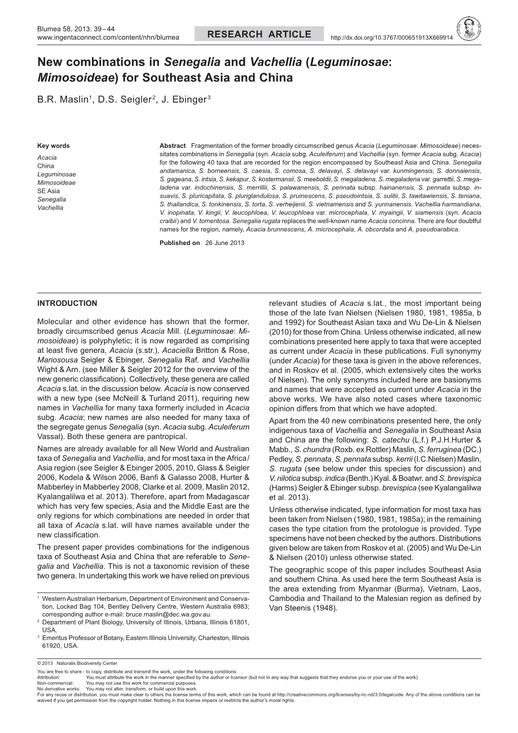 New Combinations in Senegalia and Vachellia (Leguminosae: Mimosoideae) for Southeast Asia and China