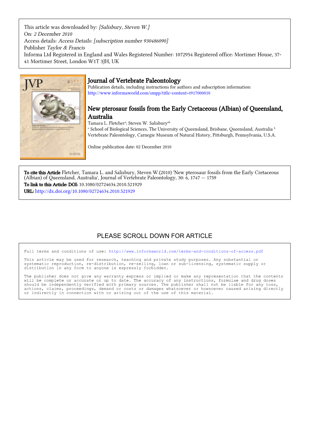 Journal of Vertebrate Paleontology New Pterosaur