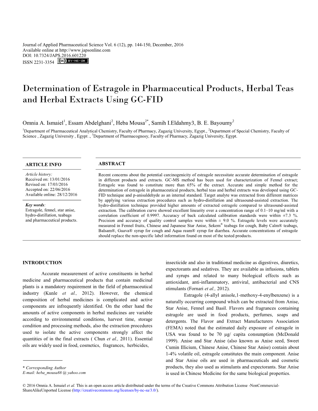 Determination of Estragole in Pharmaceutical Products, Herbal Teas and Herbal Extracts Using GC-FID
