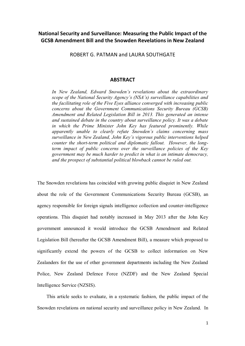 National Security and Surveillance: Measuring the Public Impact of the GCSB Amendment Bill and the Snowden Revelations in New Zealand