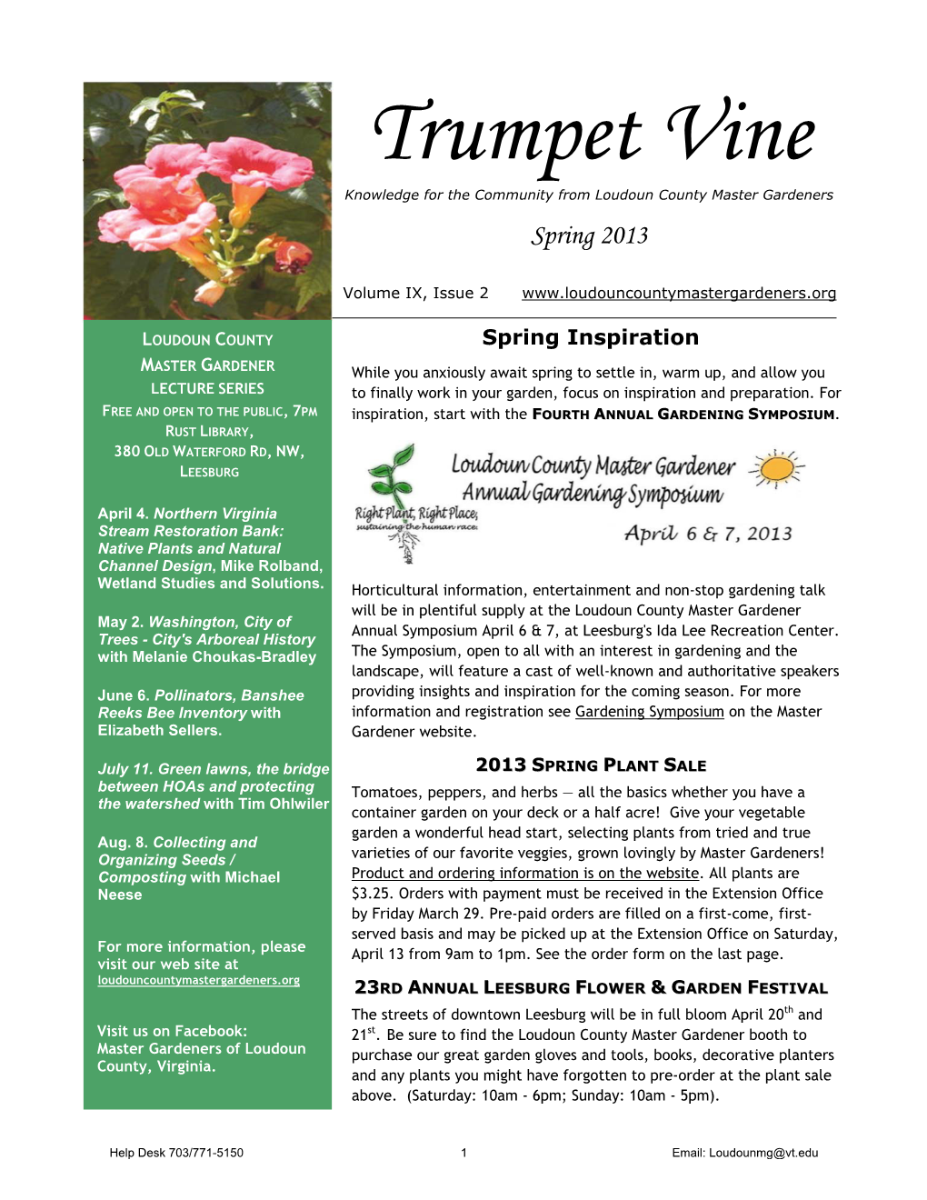 Trumpet Vine Knowledge for the Community from Loudoun County Master Gardeners Spring 2013