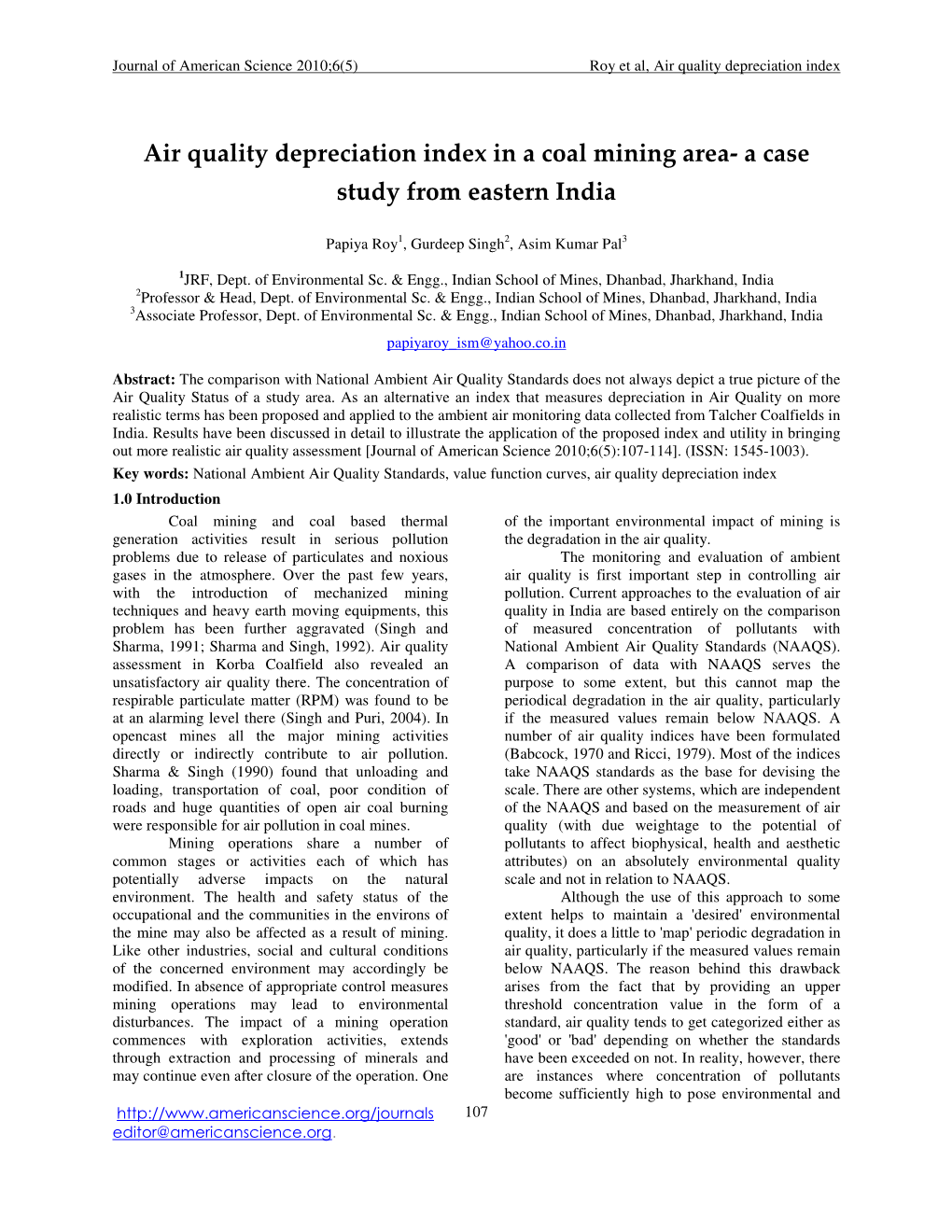 Air Quality Depreciation Index in a Coal Mining Area- a Case Study from Eastern India