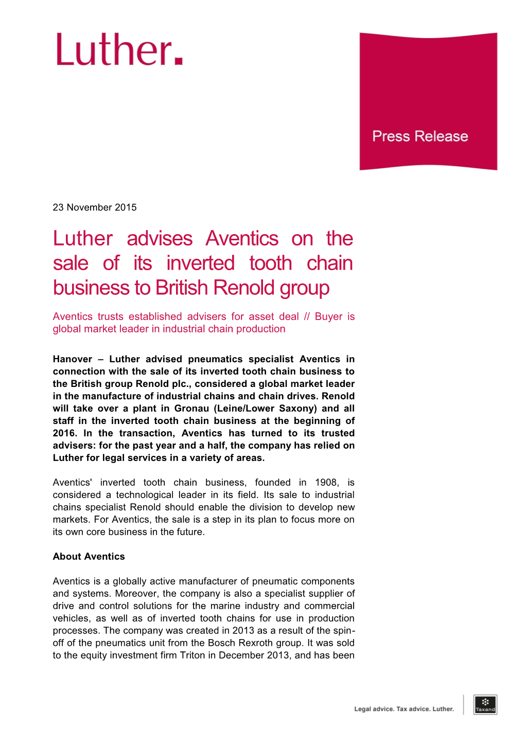 Luther Advises Aventics on the Sale of Its Inverted Tooth Chain Business to British Renold Group
