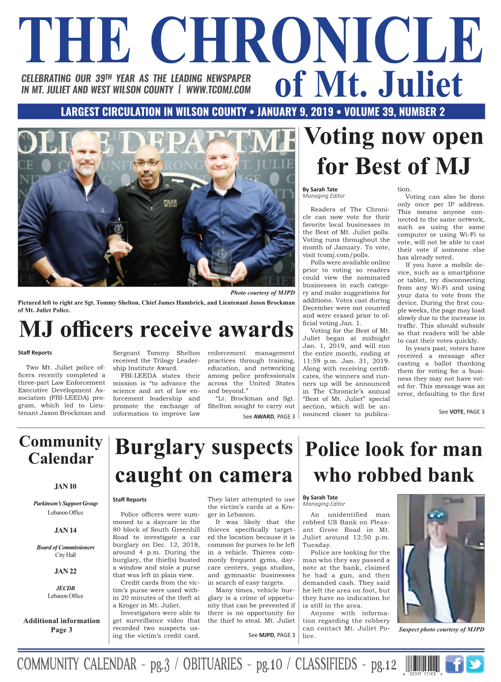 Of Mt. Juliet LARGEST CIRCULATION in WILSON COUNTY • JANUARY 9, 2019 • VOLUME 39, NUMBER 2 Voting Now Open for Best of MJ by Sarah Tate Tion