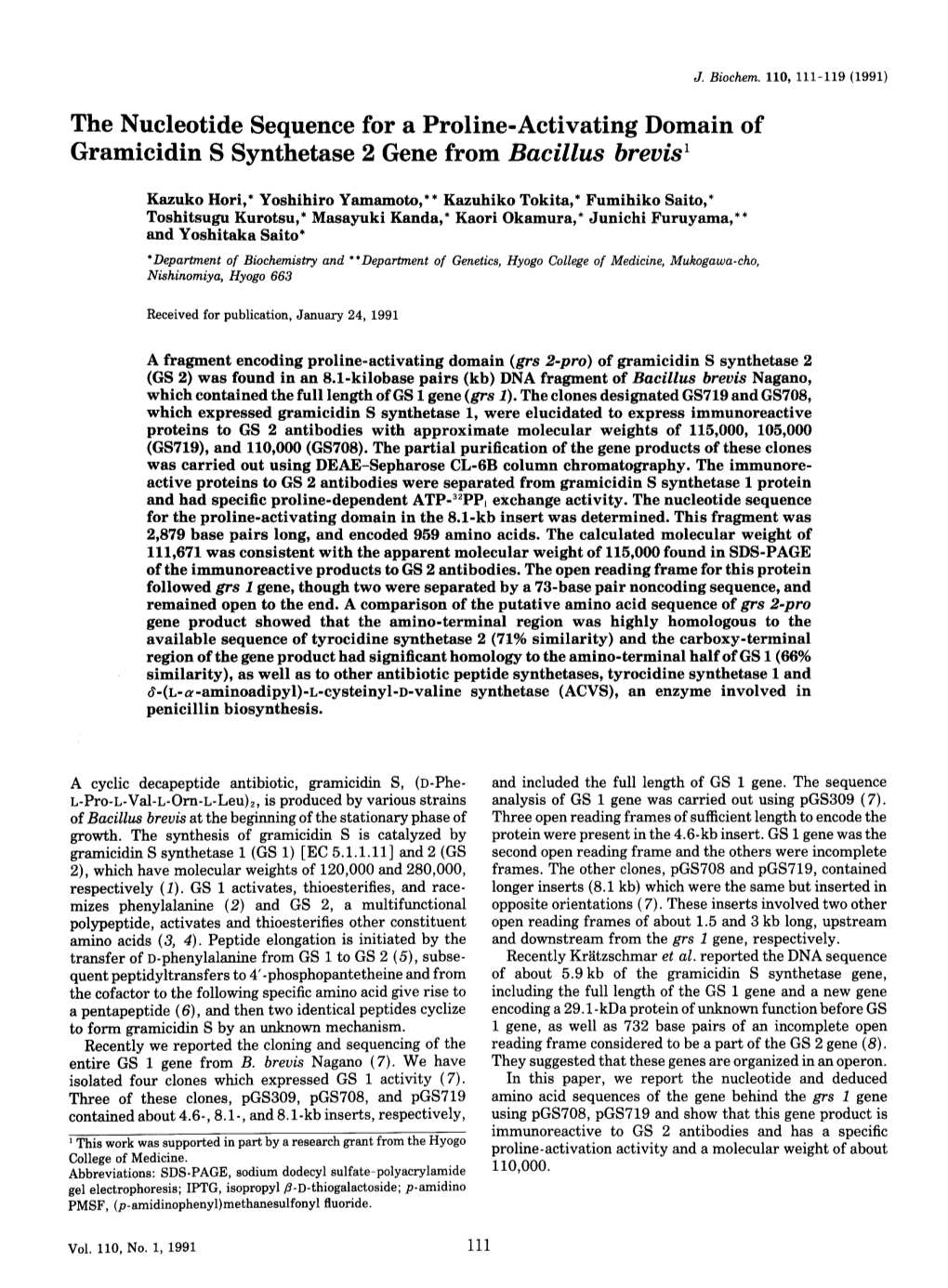 The Nucleotide Sequence for a Proline-Activating Domain of Gramicidin S Synthetase 2 Gene from Bacillus Brevis1