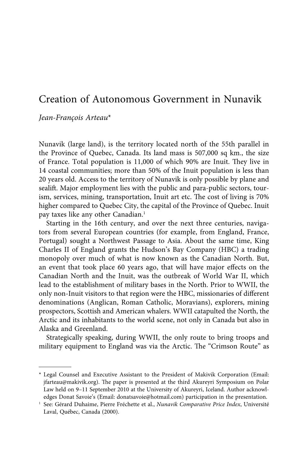 Creation of Autonomous Government in Nunavik