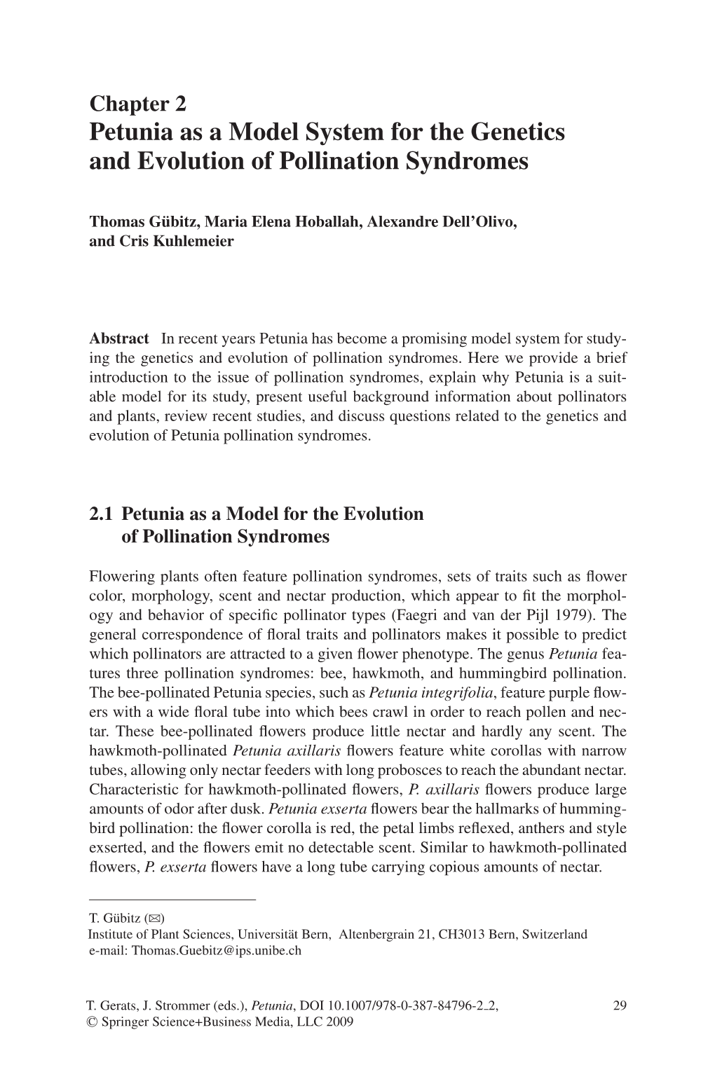 Petunia As a Model System for the Genetics and Evolution of Pollination Syndromes