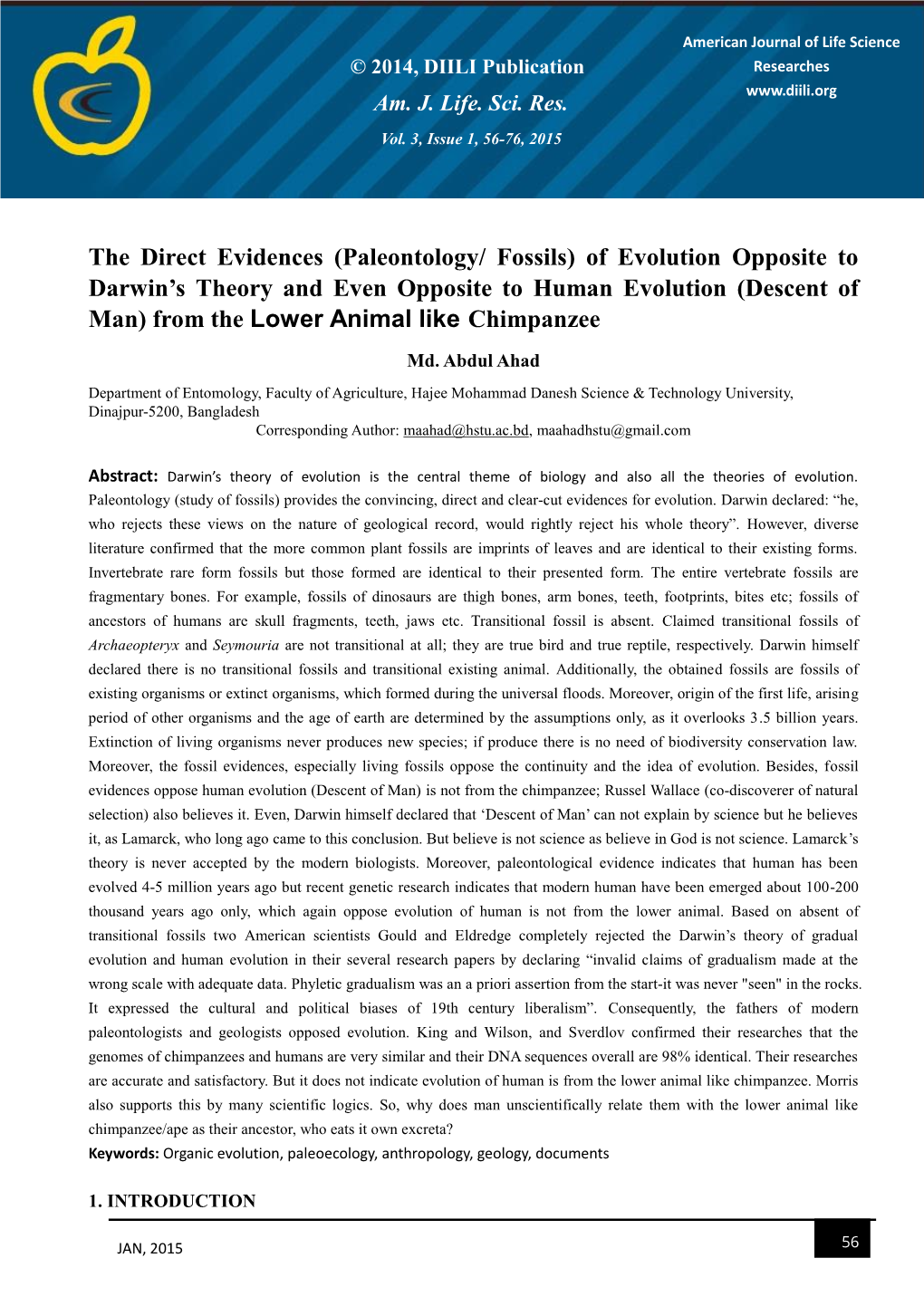 Paleontology/ Fossils) of Evolution Opposite to Darwin’S Theory and Even Opposite to Human Evolution (Descent of Man) from the Lower a Nimal Like Chimpanzee