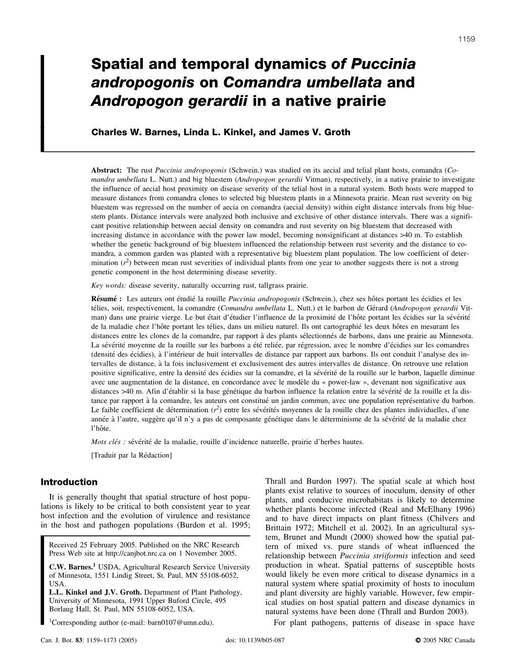 Spatial and Temporal Dynamics of Puccinia Andropogonis on Comandra Umbellata and Andropogon Gerardii in a Native Prairie