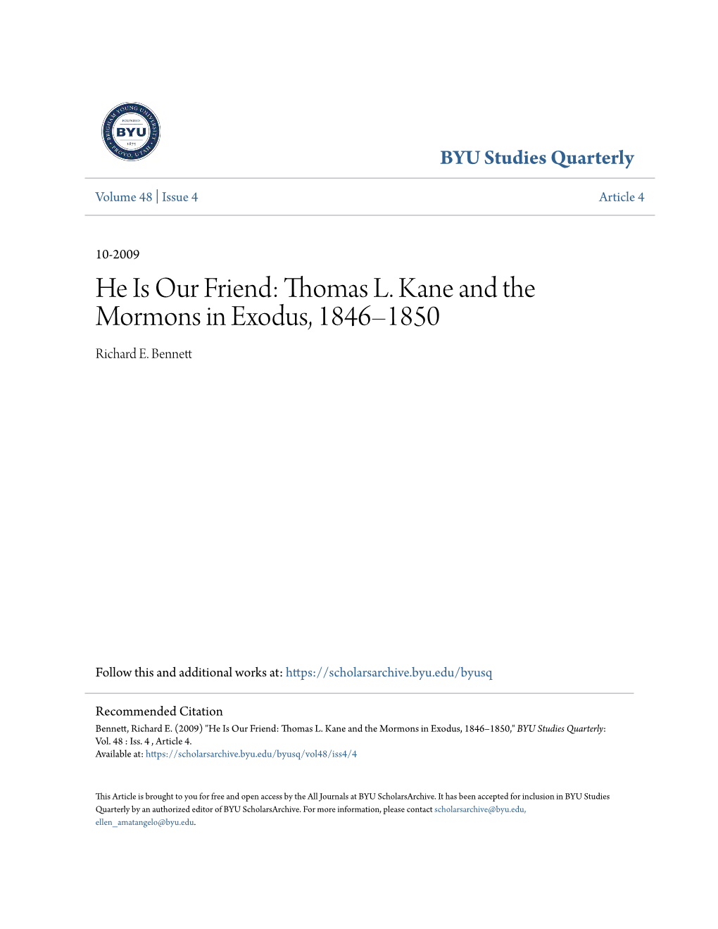 Thomas L. Kane and the Mormons in Exodus, 1846–1850 Richard E