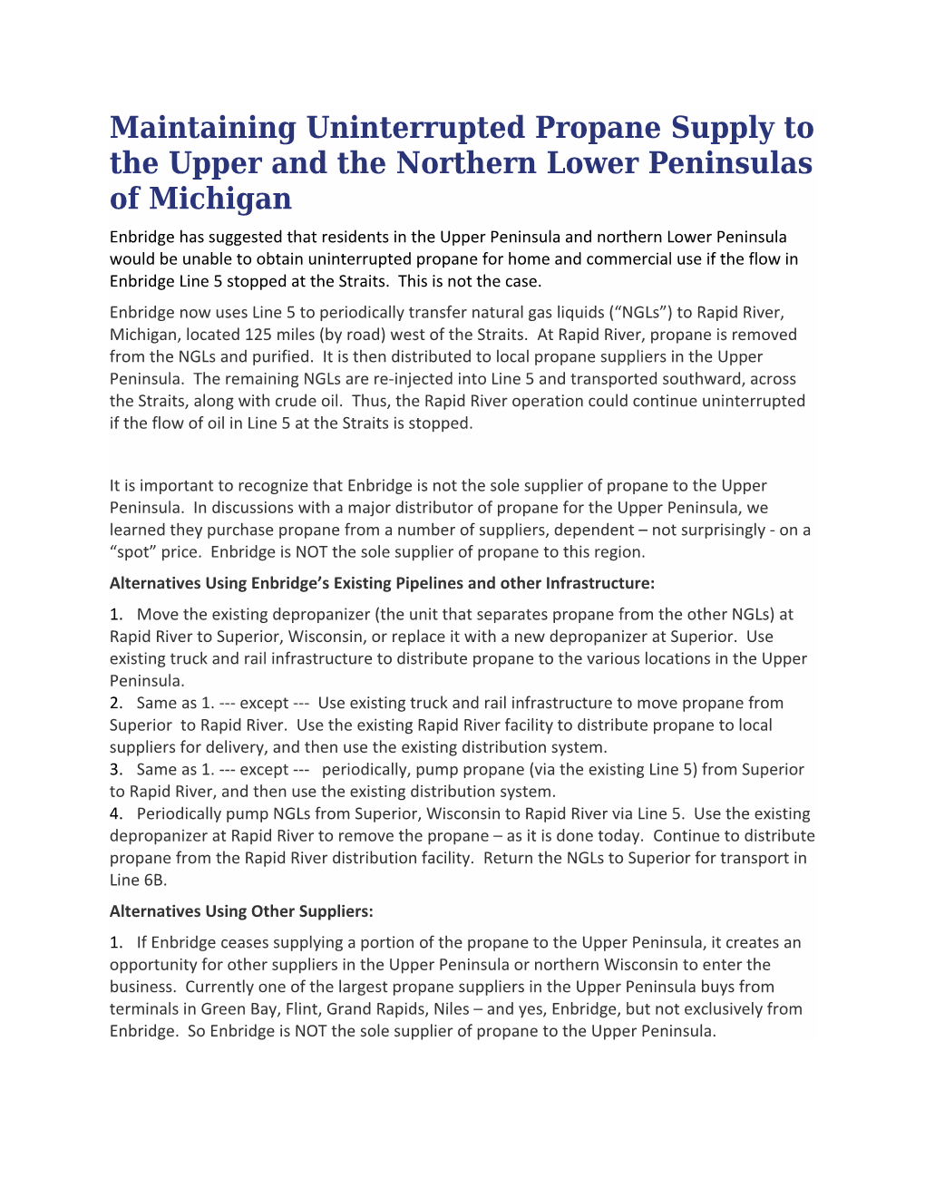 Maintaining Uninterrupted Propane Supply to the Upper and the Northern Lower Peninsulas