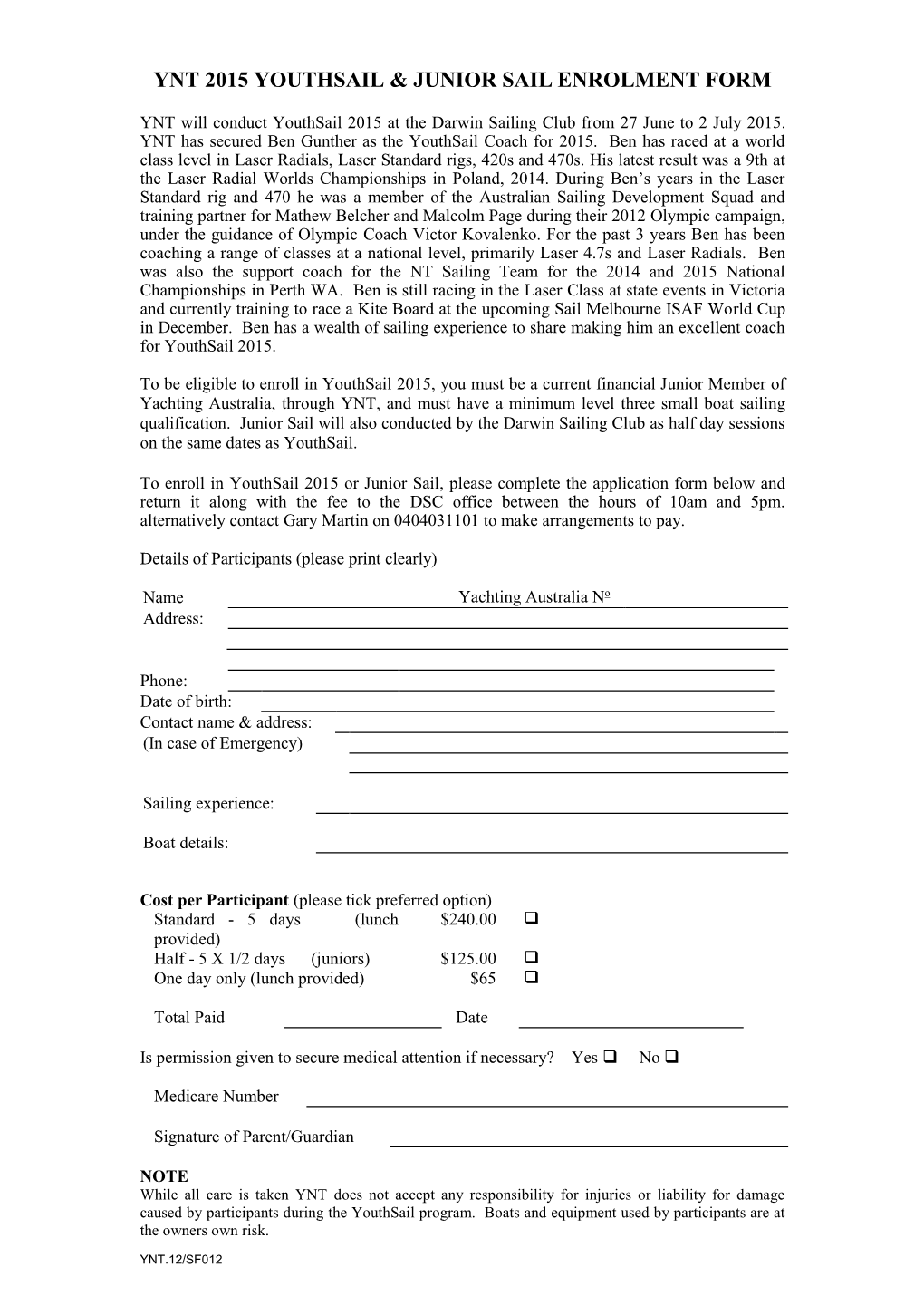 Ynt 2015 Youthsail & Junior Sail Enrolment Form