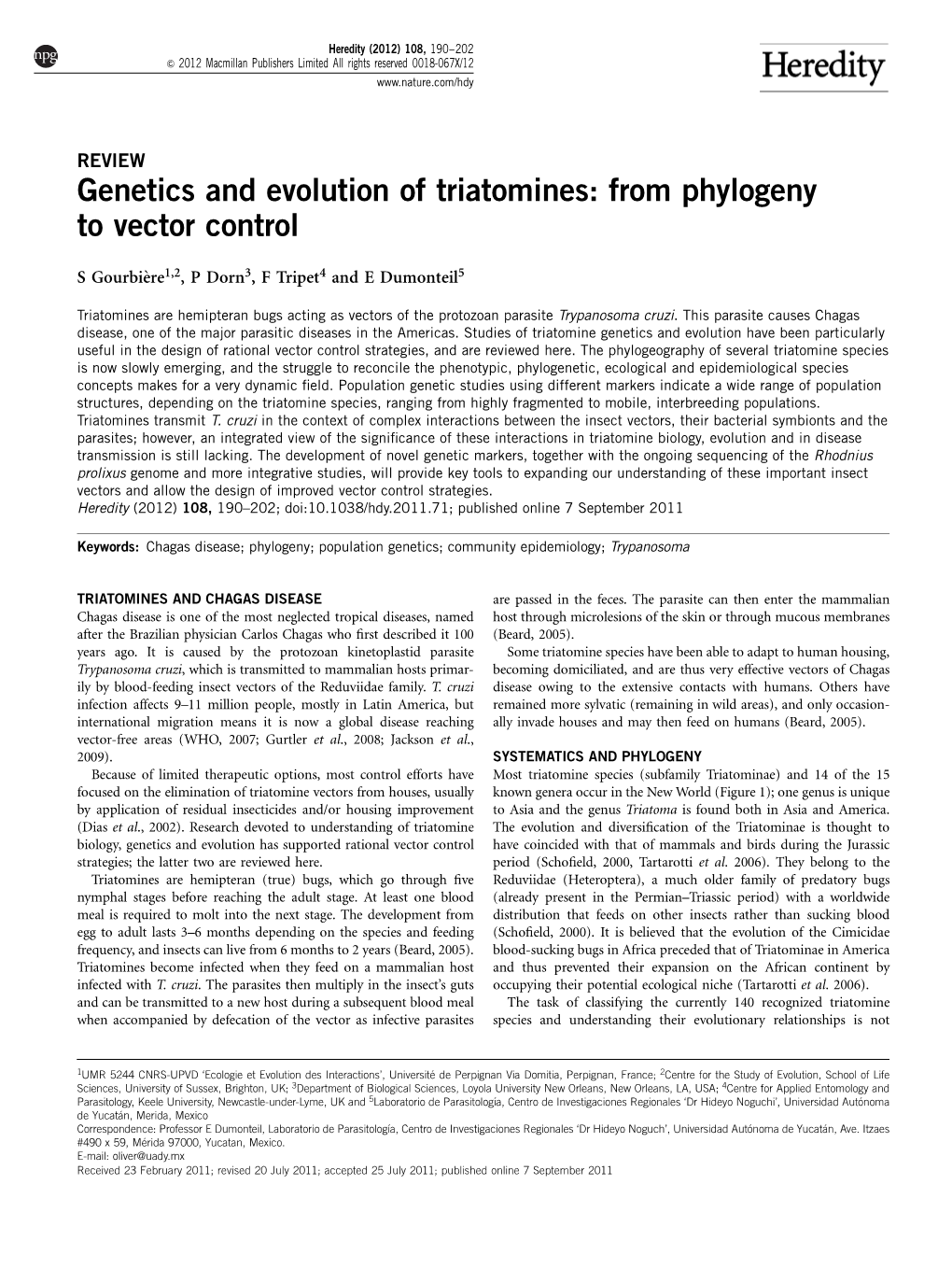 Genetics and Evolution of Triatomines: from Phylogeny to Vector Control