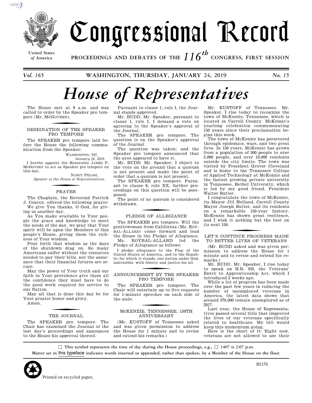 Congressional Record United States Th of America PROCEEDINGS and DEBATES of the 116 CONGRESS, FIRST SESSION