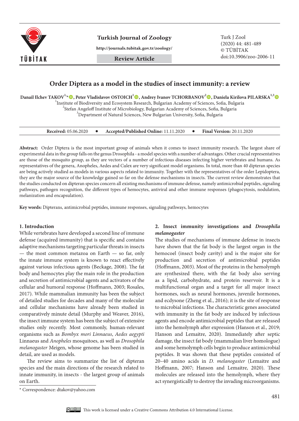 Order Diptera As a Model in the Studies of Insect Immunity: a Review