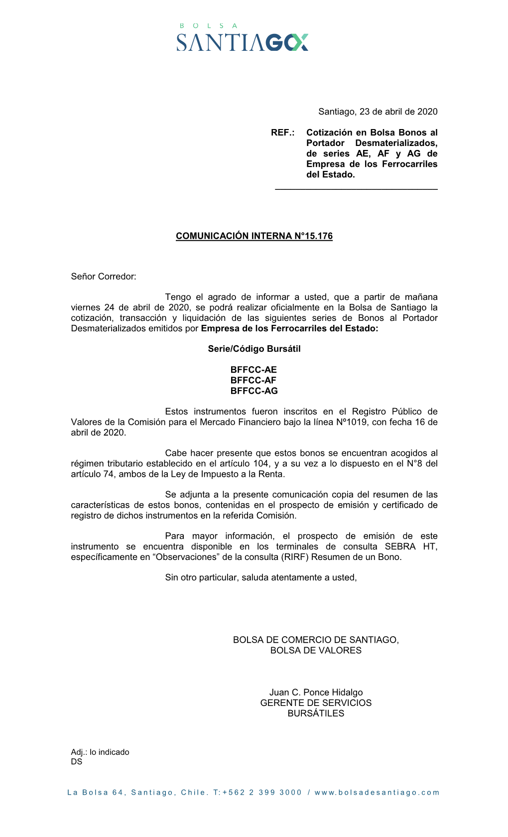 Cotización En Bolsa Bonos Al Portador Desmaterializados, De Series AE, AF Y AG De Empresa De Los Ferrocarriles Del Estado