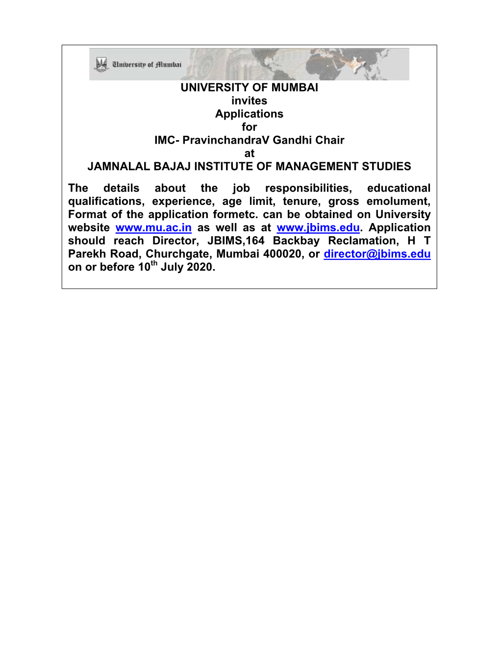 Pravinchandrav Gandhi Chair at JAMNALAL BAJAJ INSTITUTE of MANAGEMENT STUDIES