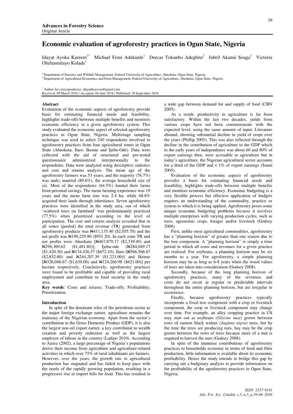 Economic Evaluation of Agroforestry Practices in Ogun State, Nigeria