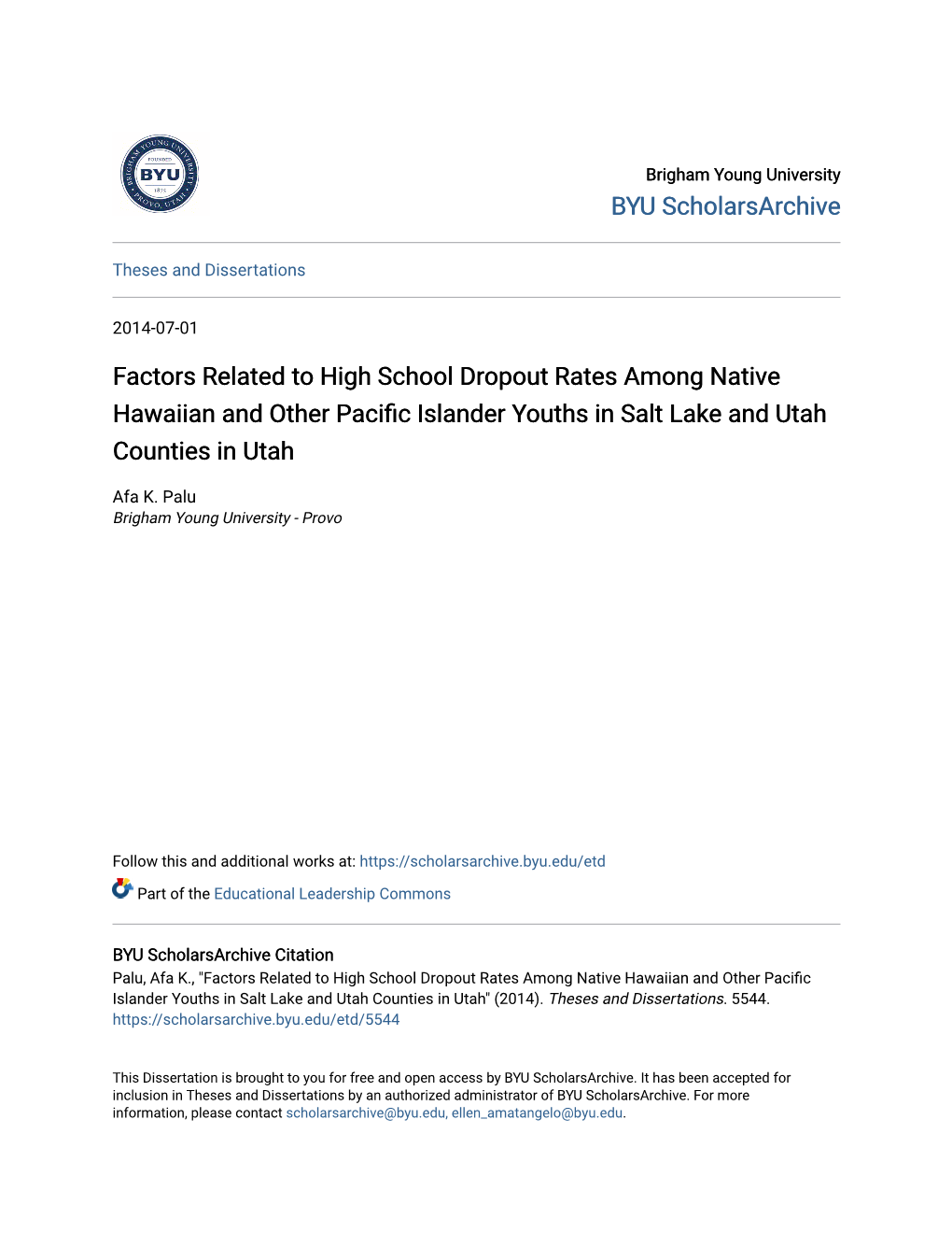 Factors Related to High School Dropout Rates Among Native Hawaiian and Other Pacific Islander Outhsy in Salt Lake and Utah Counties in Utah