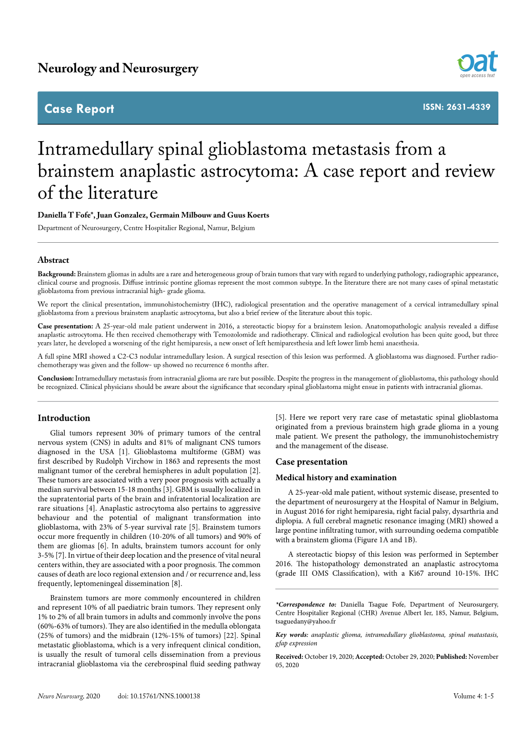 Intramedullary Spinal Glioblastoma Metastasis from a Brainstem Anaplastic Astrocytoma: a Case Report and Review of the Literatur