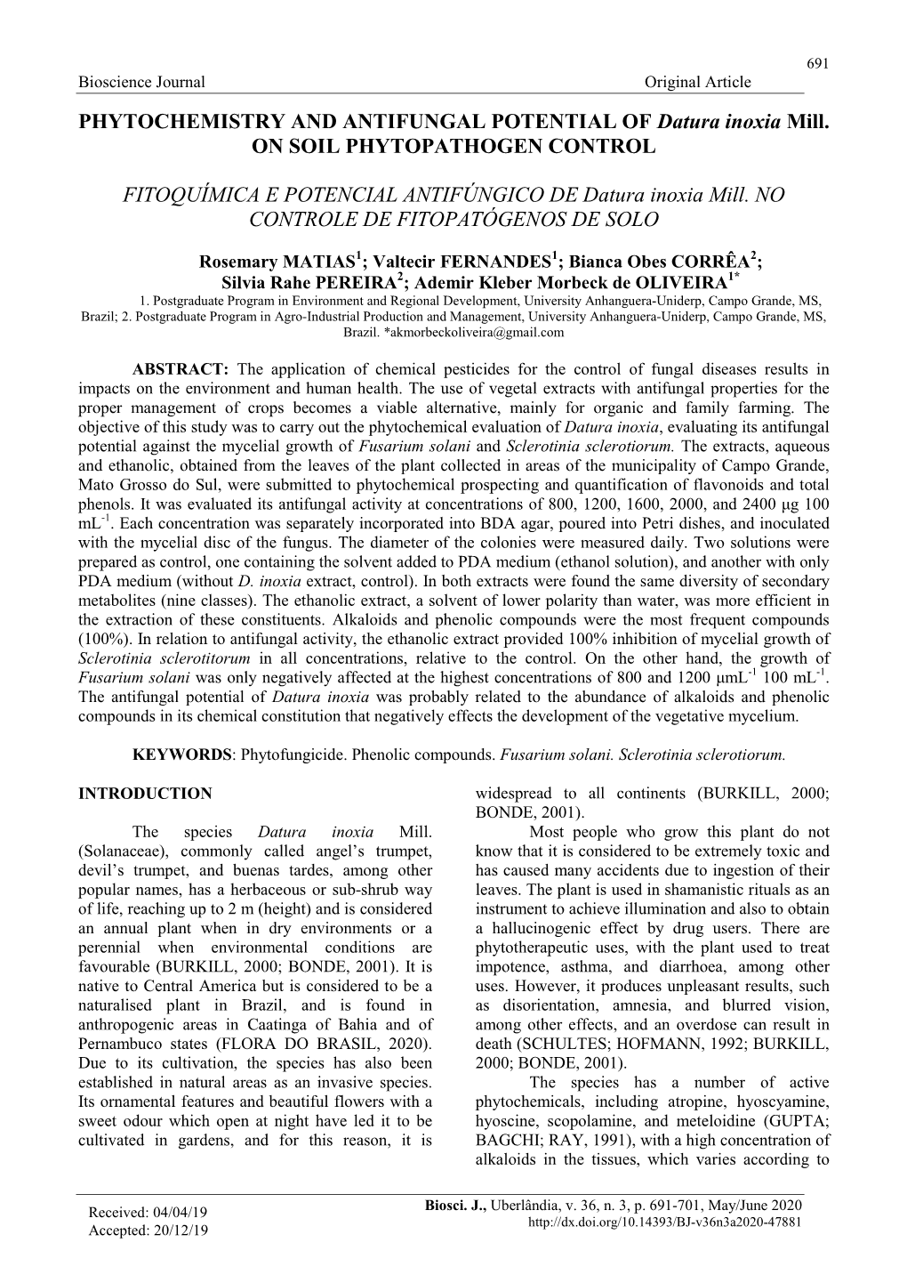 PHYTOCHEMISTRY and ANTIFUNGAL POTENTIAL of Datura Inoxia Mill