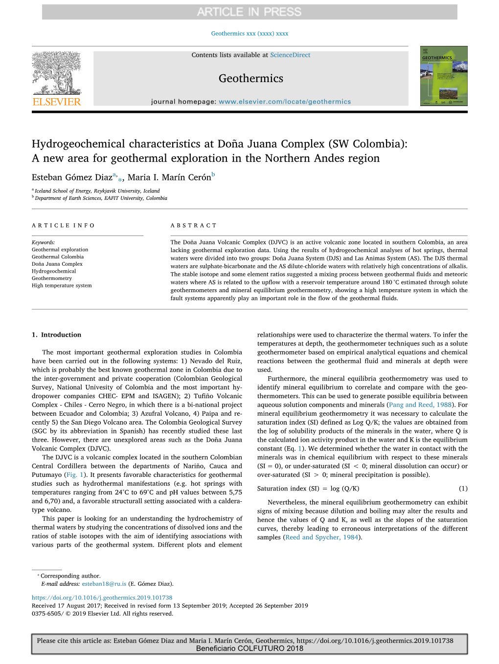Hydrogeochemical Characteristics at Doña Juana Complex (SW Colombia): a New Area for Geothermal Exploration in the Northern Andes Region
