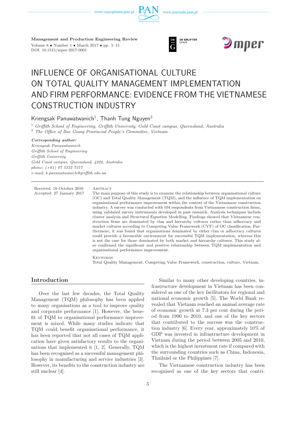 Influence of Organisational Culture on Total Quality Management Implementation and Firm Performance: Evidence from the Vietnamese Construction Industry