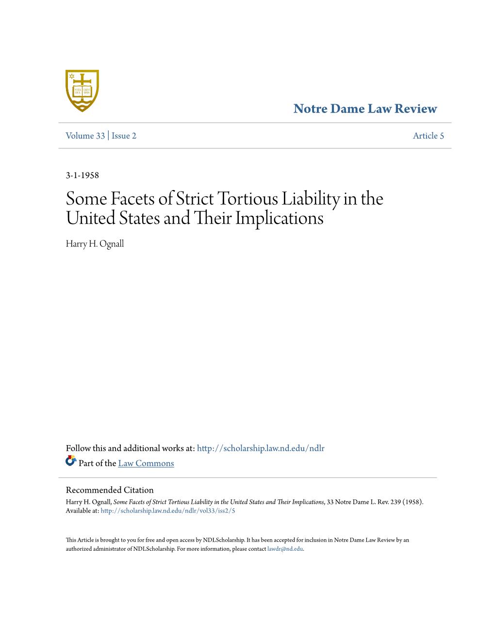 Some Facets of Strict Tortious Liability in the United States and Their Mplici Ations Harry H