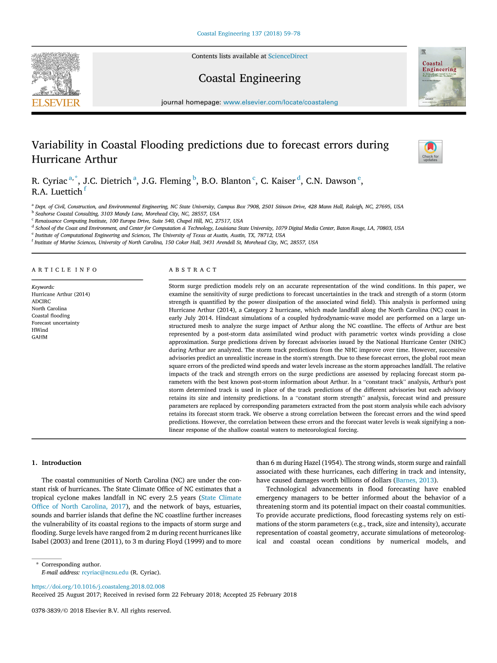 Variability in Coastal Flooding Predictions Due to Forecast Errors During Hurricane Arthur