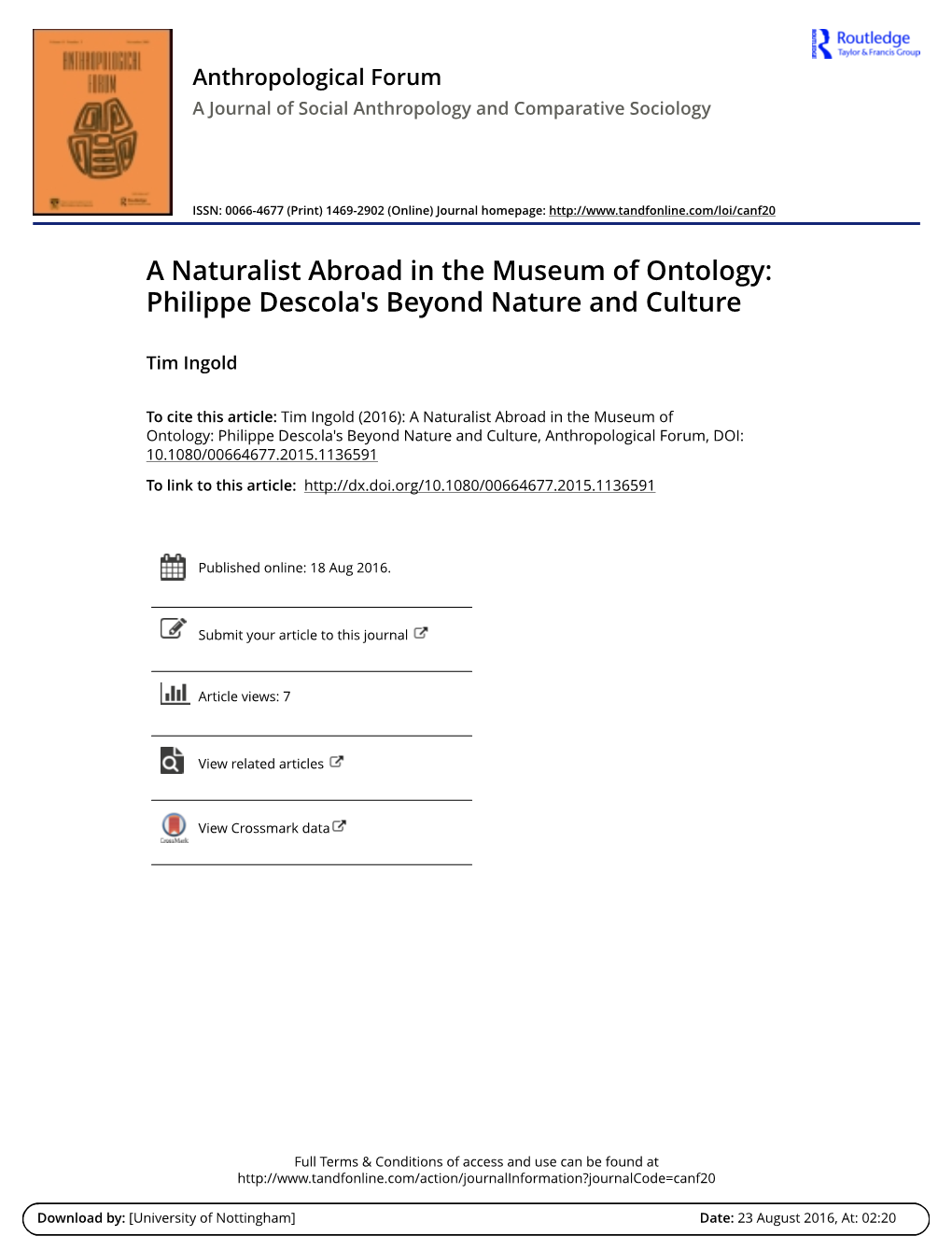 A Naturalist Abroad in the Museum of Ontology: Philippe Descola's Beyond Nature and Culture