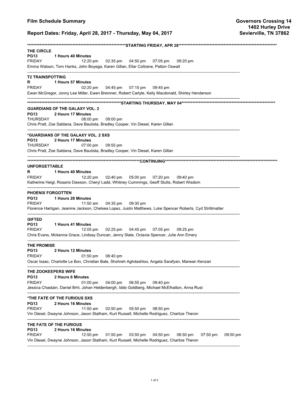 Film Schedule Summary Governors Crossing 14 1402 Hurley Drive Report Dates: Friday, April 28, 2017 - Thursday, May 04, 2017 Sevierville, TN 37862