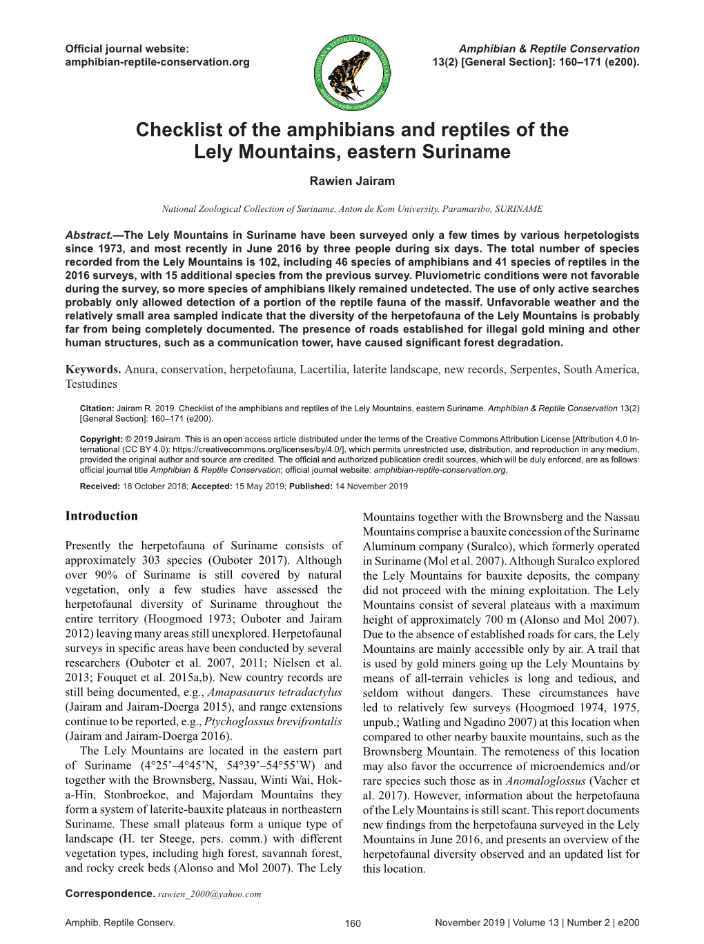 Checklist of the Amphibians and Reptiles of the Lely Mountains, Eastern Suriname Rawien Jairam