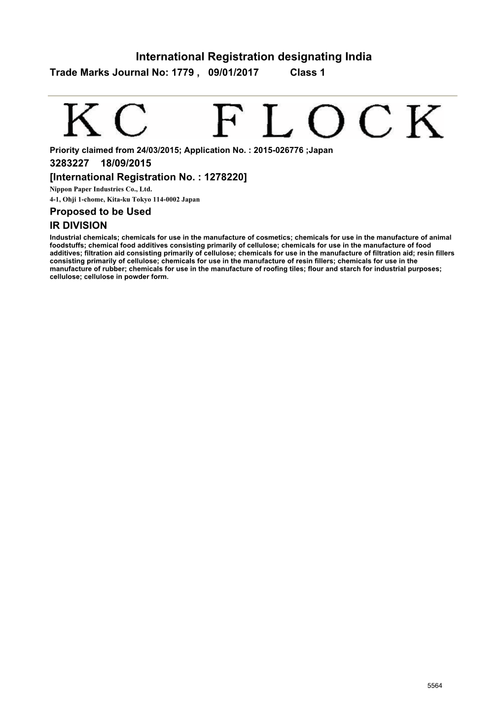 International Registration Designating India Trade Marks Journal No: 1779 , 09/01/2017 Class 1