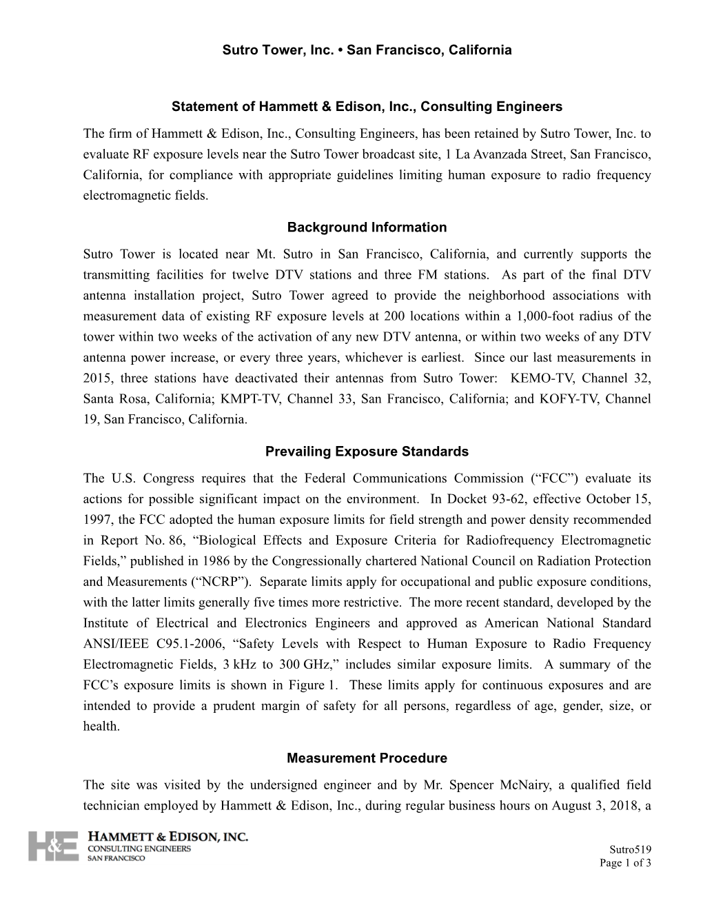 Sutro Tower, Inc. • San Francisco, California Statement of Hammett & Edison, Inc., Consulting Engineers the Firm of Hammet