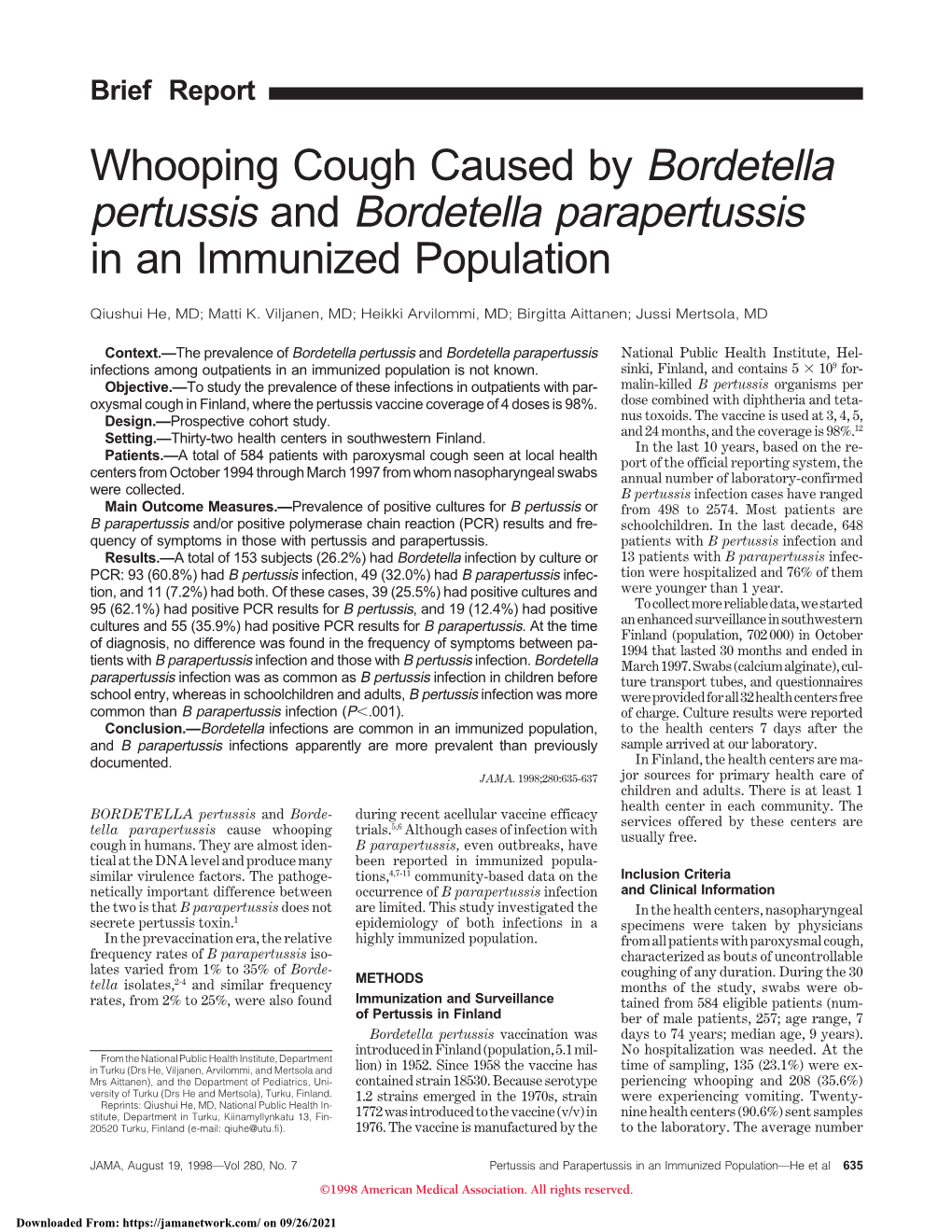 Pertussis and Bordetella Parapertussis in an Immunized Population
