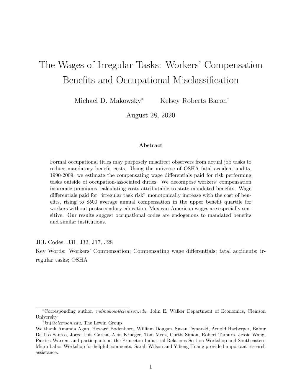 The Wages of Irregular Tasks: Workers' Compensation Benefits and Occupational Misclassification
