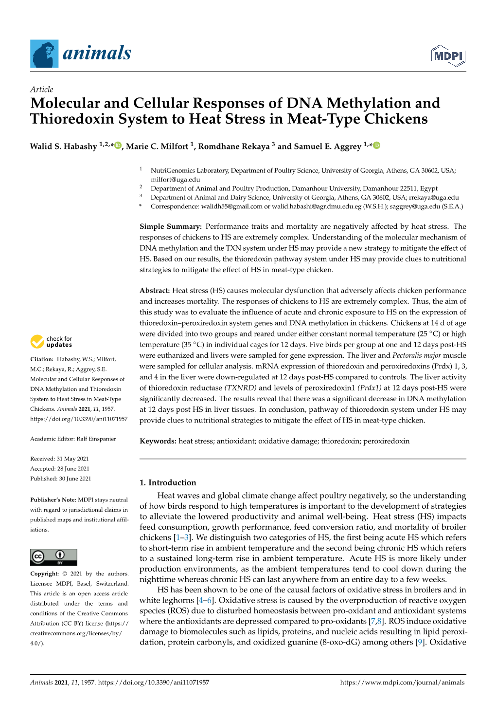 Molecular and Cellular Responses of DNA Methylation and Thioredoxin System to Heat Stress in Meat-Type Chickens