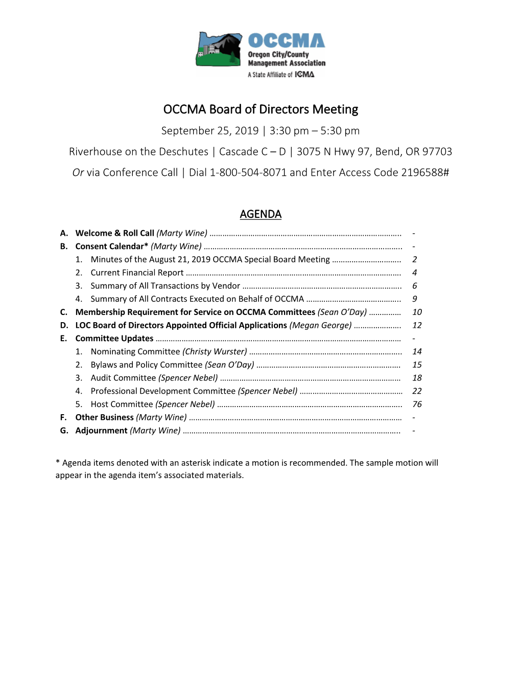 OCCMA Board of Directors Meeting