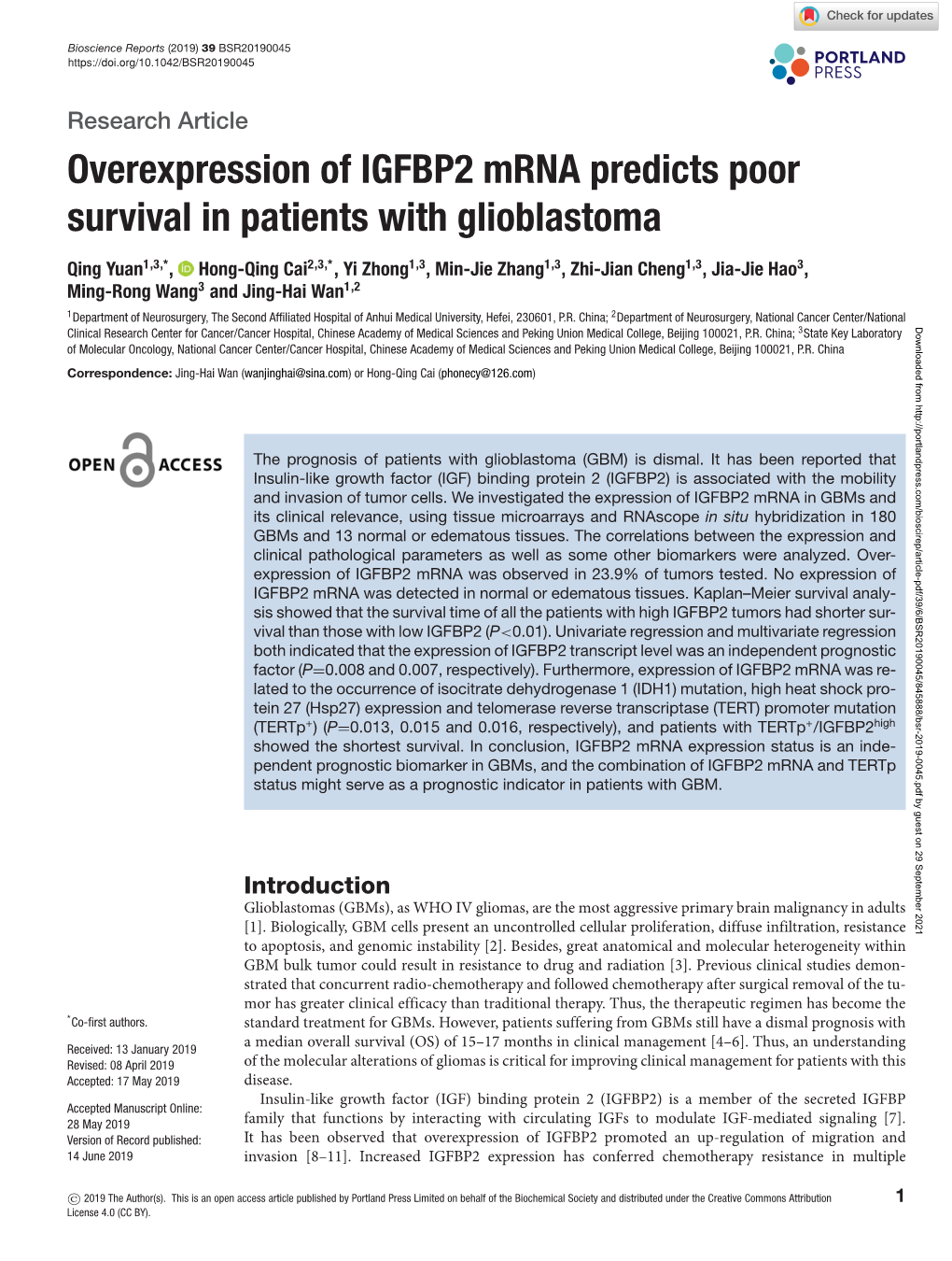 Overexpression of IGFBP2 Mrna Predicts Poor Survival in Patients with Glioblastoma