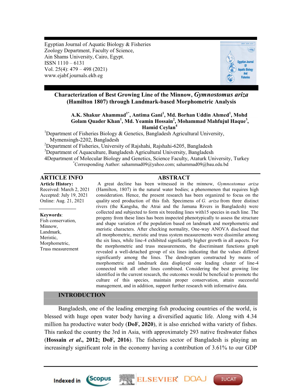 Characterization of Best Growing Line of the Minnow, Gymnostomus Ariza (Hamilton 1807) Through Landmark-Based Morphometric Analysis