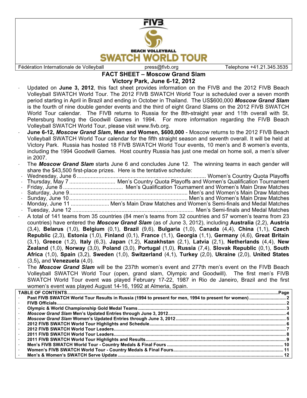 FACT SHEET – Moscow Grand Slam Victory Park, June 6-12, 2012