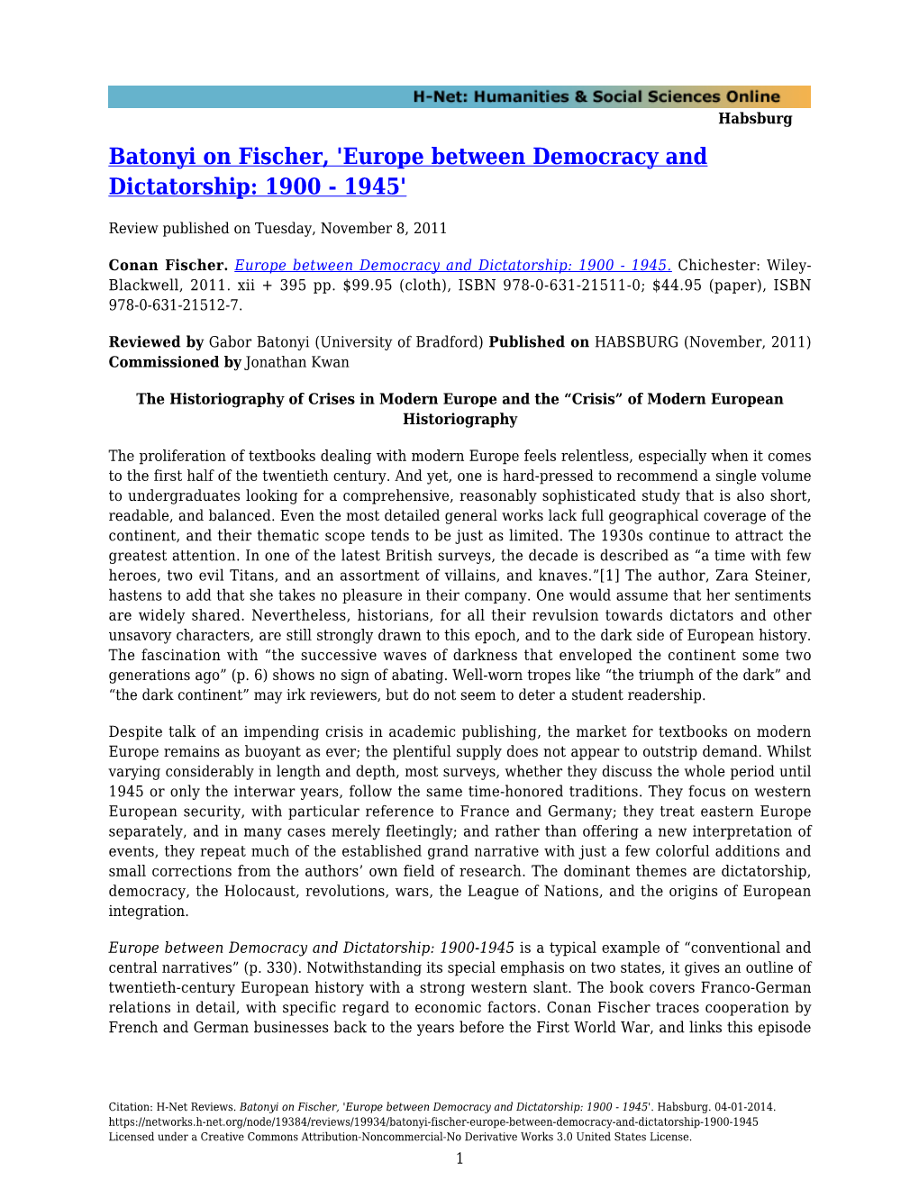 Europe Between Democracy and Dictatorship: 1900 - 1945'