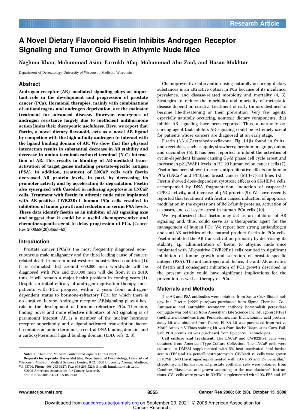 A Novel Dietary Flavonoid Fisetin Inhibits Androgen Receptor Signaling and Tumor Growth in Athymic Nude Mice