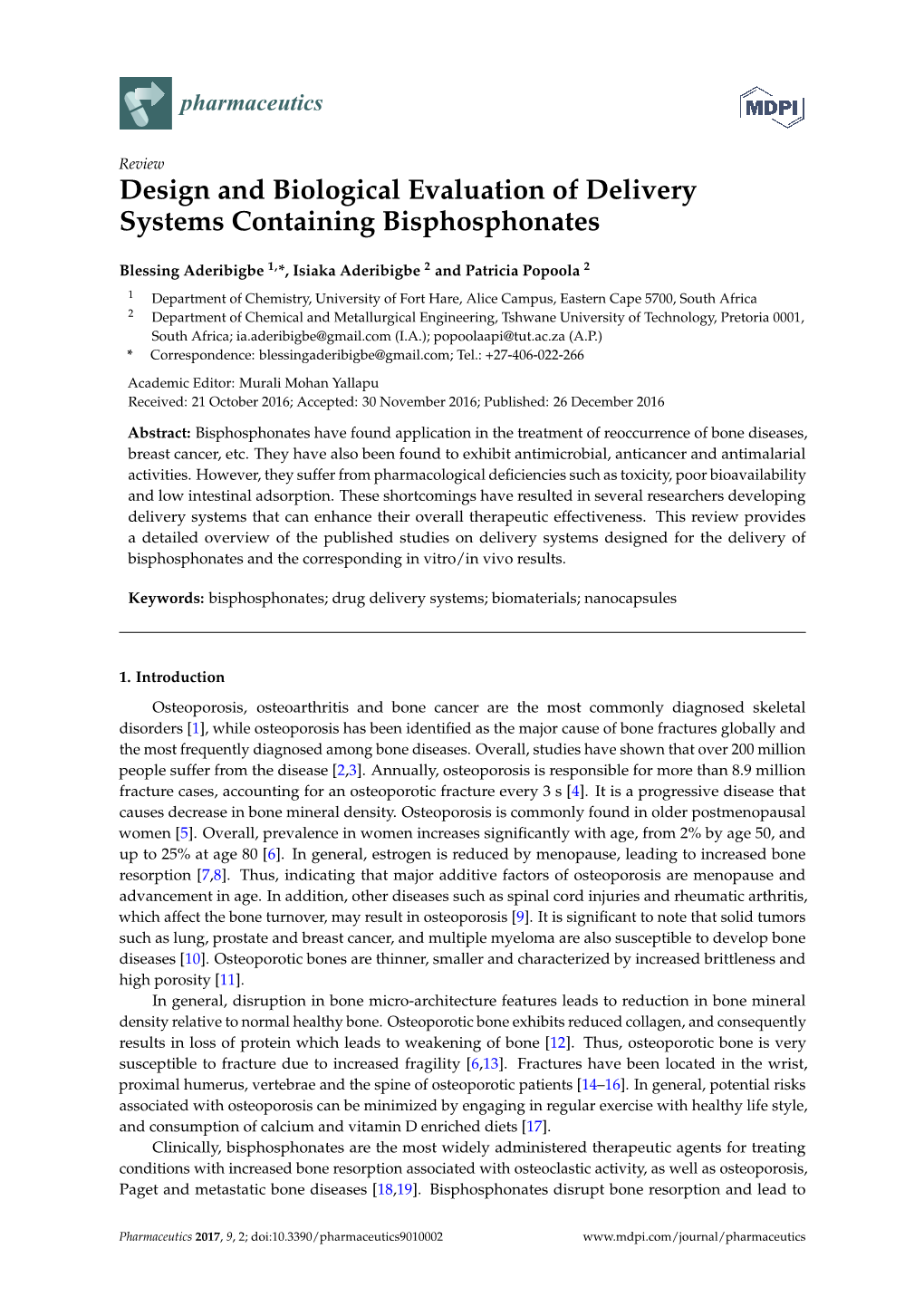 Design and Biological Evaluation of Delivery Systems Containing Bisphosphonates